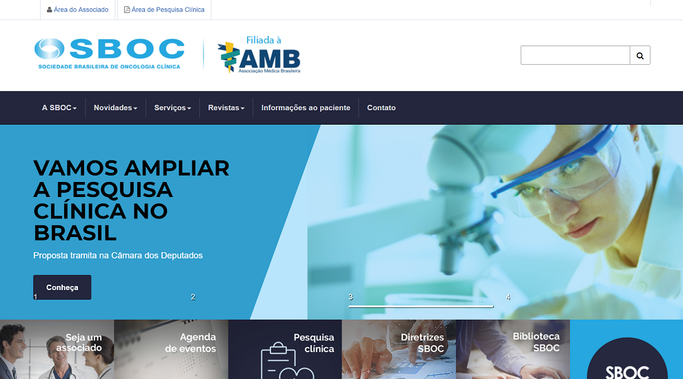 Website da Sociedade Brasileira de Oncologia Clínica, com conteúdo produzido pela Cross Content
