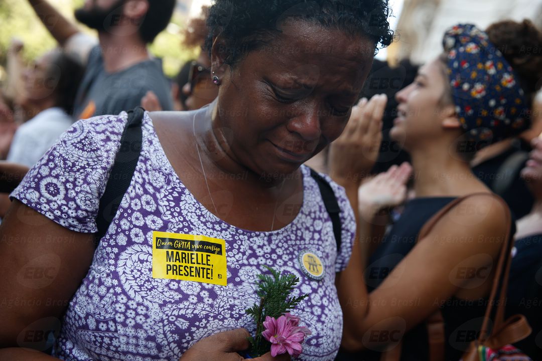 Rio de Janeiro - Manifestante acompanha a chegada do corpo da vereadora Marielle Franco e do motorista Anderson Gomes à Câmara Municipal, no centro do Rio, onde ocorre o velório (Fernando Frazão/Agência Brasil)