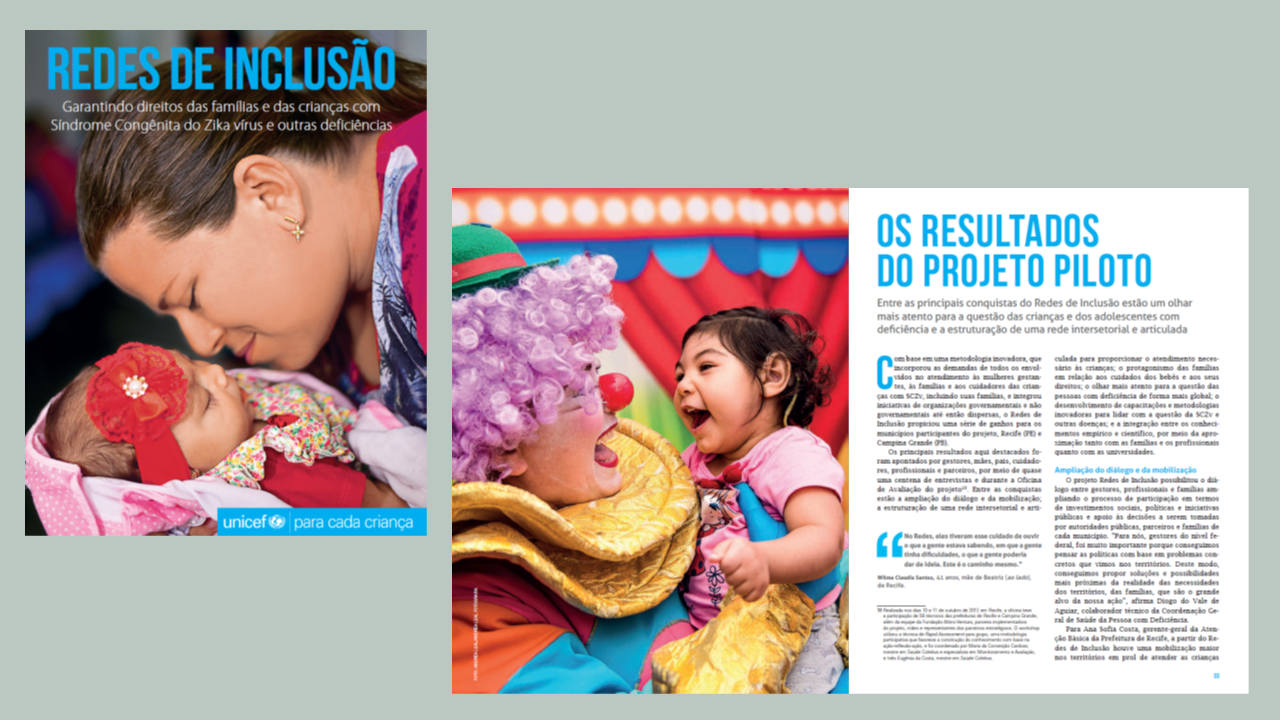 Capa e páginas internas do livro "Redes de Inclusão", do Unicef