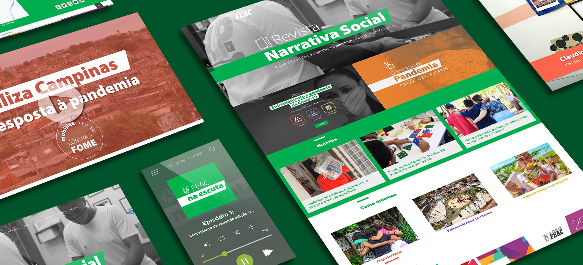 Imagem traz colagem de projetos realizados pela Cross Content para a Fundação FEAC