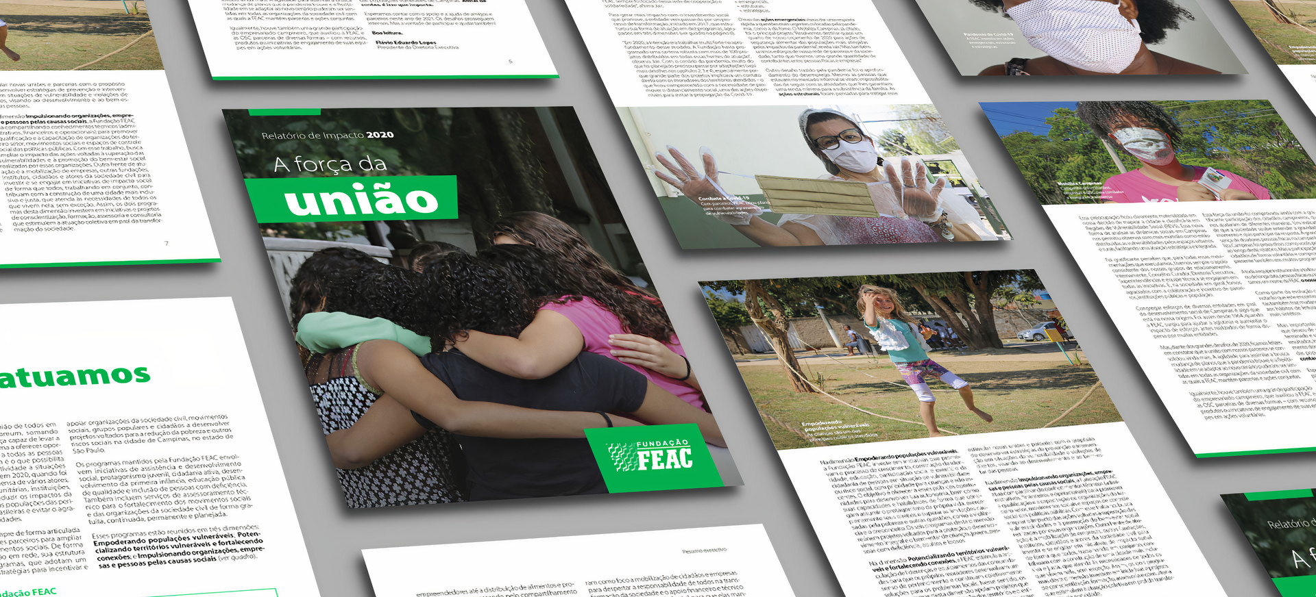 Reprodução da capa e de páginas internas do Relatório de Impacto 2020 da Fundação FEAC