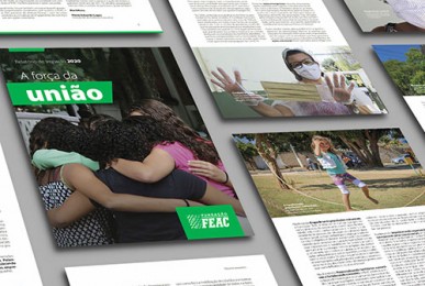 Reprodução da capa e de páginas internas do Relatório de Impacto 2020 da Fundação FEAC