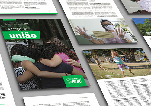 Reprodução da capa e de páginas internas do Relatório de Impacto 2020 da Fundação FEAC