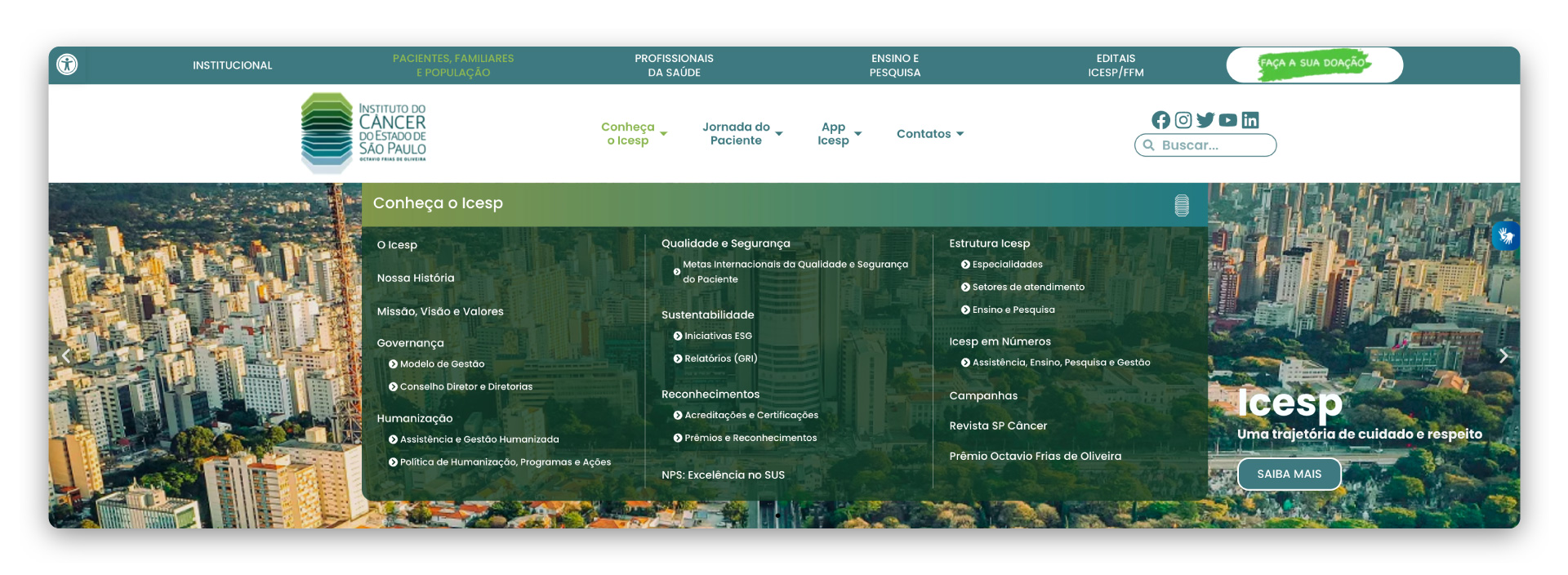 Detalhe da home page do site do Instituto do Câncer do Estado de São Paulo