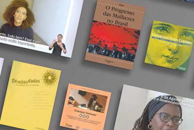 Colagem com imagens de livros e vídeos produzidos pela Cross Content