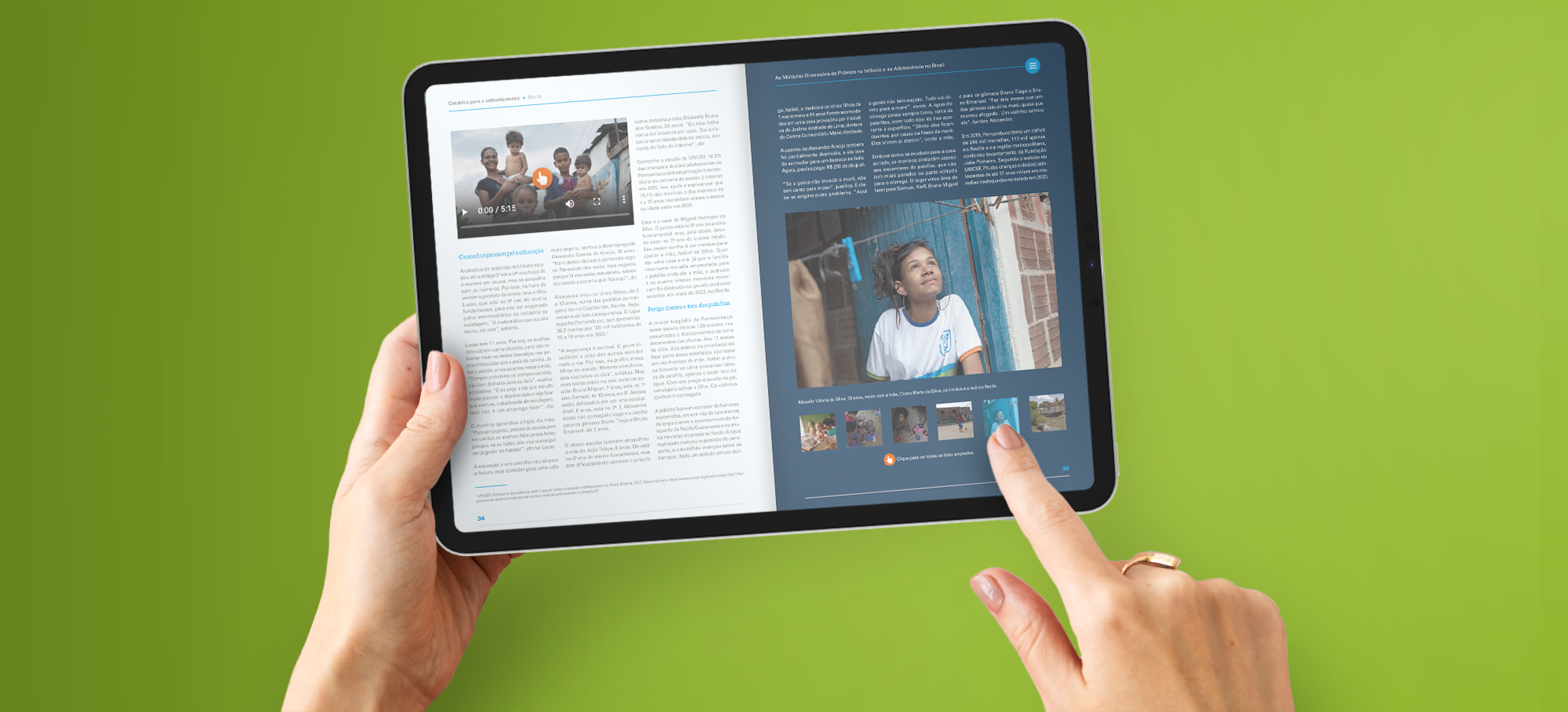 Simulação de tela de tablet com imagem de um livro interativo, incluindo fotos, vídeos e galeria de imagens