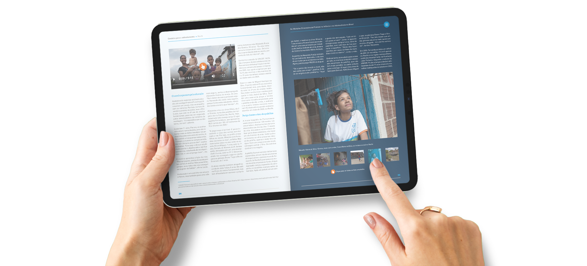 Simulação de um tablet com um livro interativo, incluindo textos, fotos, vídeo e galeria de imagens