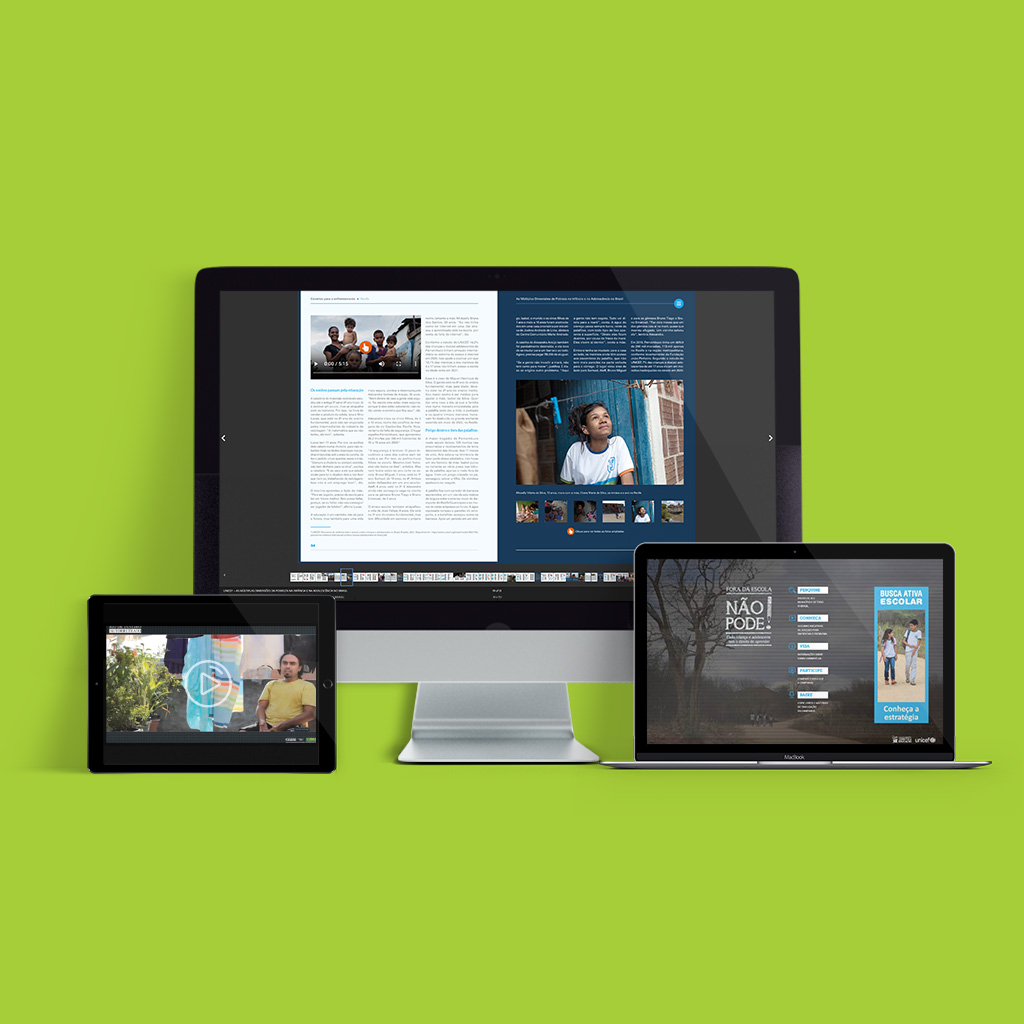Colagem de fotos com exemplos de projetos interativos: livro interativo e webdocumentários