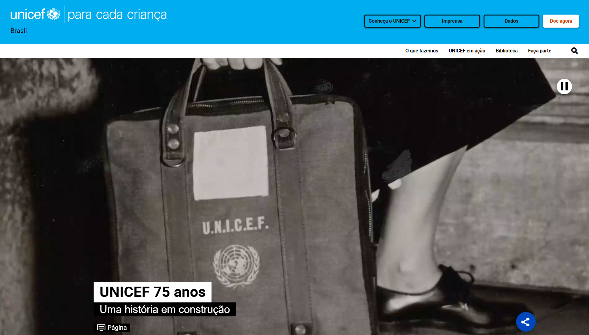Home page do hotsite de 75 anos do Unicef