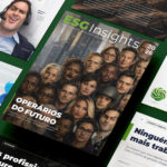 Ilustração traz reprodução de capa e páginas internas da Revista ESG Insights, edição 3, com o tema o futuro do trabalho