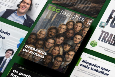 Ilustração traz reprodução de capa e páginas internas da Revista ESG Insights, edição 3, com o tema o futuro do trabalho