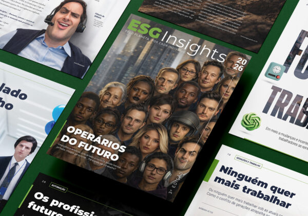 Ilustração traz reprodução de capa e páginas internas da Revista ESG Insights, edição 3, com o tema o futuro do trabalho